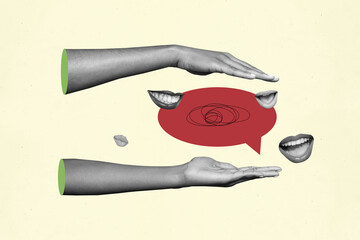 Composite photo collage of hand show red bubble faceless mouth conversation dialogue speech talk...