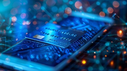 Image displays two blue credit cards on a tech-themed dark blue backdrop resembling a circuit board. Bright lights suggest electronic connections.