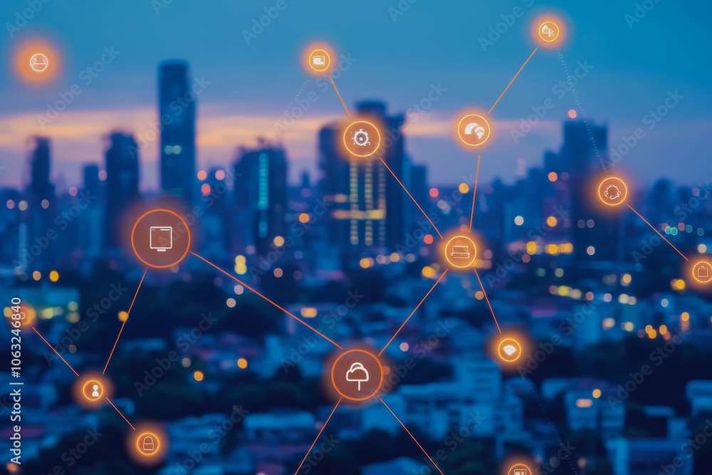 Poster A captivating view of a futuristic cityscape at dusk, featuring interconnected digital icons that symbolize technology and communication. Perfect for modern concepts.