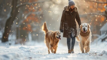Winter season. Happy family walking their pet golden retriever in the winter forest outdoors. Active Christmas holidays.