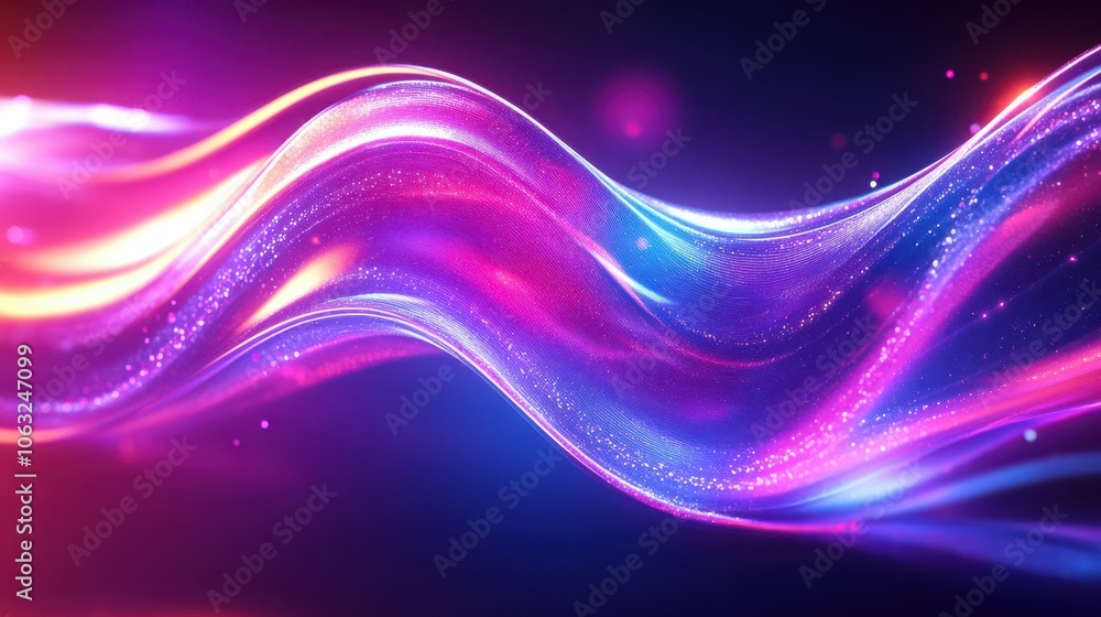 Poster holographic iridescent neon curved wave in motion light dynamic background. gradient design element 