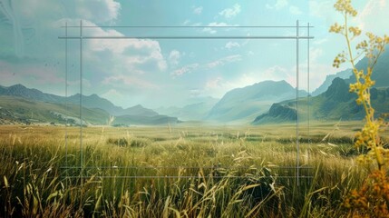A serene natural landscape with tall grass in the foreground, a mountain range in the background, and a blue sky with white clouds. A frame encloses the scene, enhancing its beauty and tranquility.