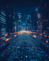 Explore a captivating futuristic cityscape at night, showcasing vibrant data patterns, modern architecture, and a unique blend of technology and urban life.