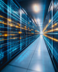 Obraz premium Explore a captivating futuristic digital cityscape highlighting vibrant lights and advanced technology, evoking a sense of motion and innovation.