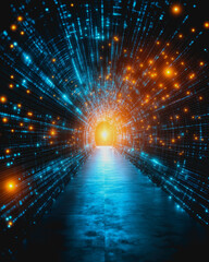 Obraz premium Experience a stunning futuristic digital cityscape with enchanting lights. This vibrant tunnel of colors showcases innovation and creativity in an abstract form.