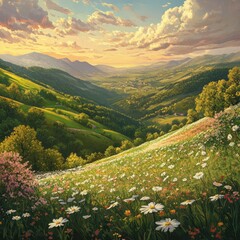 Spring hillside with a cascade of blooming flowers and green rolling terrain