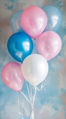 Cluster of pastel balloons against a light blue wall with white clouds. Pink, light blue, and white balloons tied with white strings evoke a cheerful and peaceful mood.