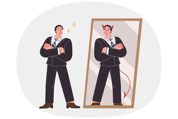 Business man seeing devil in reflection in mirror, for concept duplicity and hypocritical behavior