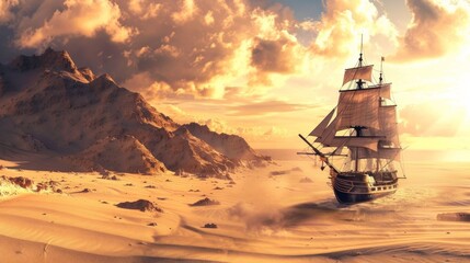 A serene scene with an old sailboat, three masts, orange sails, desert backdrop, dunes, mountains, colorful sky. Evokes warmth and tranquility.