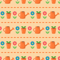 Colored items for gardening. Watering can, flower pot, flower isolated on a peach color  background. Seamless pattern. Background for textile, paper, cover, interior decor.
