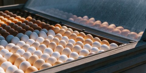 Naklejka premium Eggs in Trays Under Glass in Sunlight