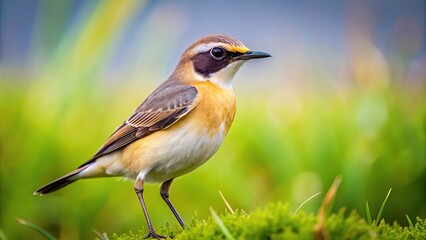 Capped wheatear bird foraging in grass with shallow depth of field