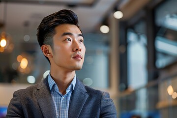 Obraz premium Young Asian man standing in a corporate office, showcasing elegance and professionalism.