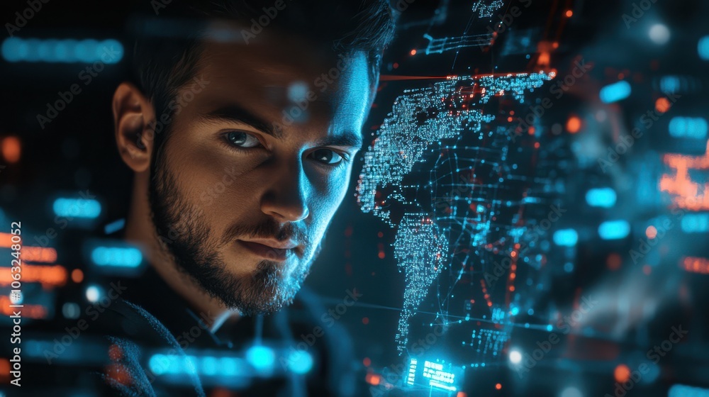Poster cyber security expert professional male working remotely data protection cloud computing technology 