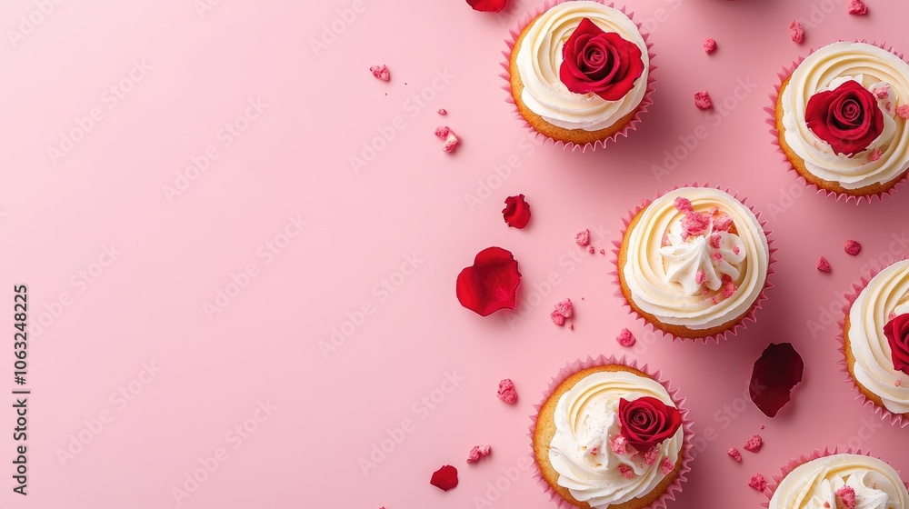 Poster cupcakes topped with vanilla cream and roses on a pink background offering ample space for text vert