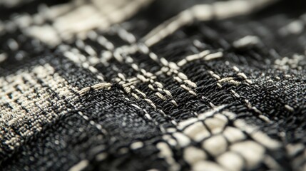 Close up of meticulous sewing work on black and white fabric showcasing tailored stitching techniques