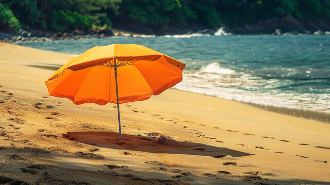 Breezy Beach Umbrella: A brightly colored beach umbrella flapping in the wind, casting playful shadows on the golden sand of a secluded beach.