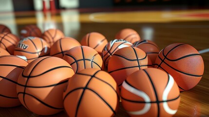 Obraz premium group of basketballs arranged in a symmetrical pattern on a basketball court