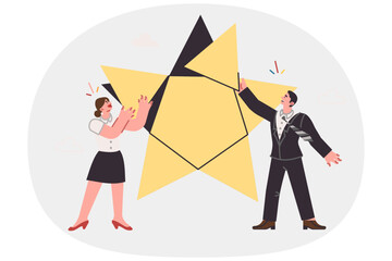 Fototapeta premium Business partnership of man and woman together building star, symbolizing successful startup