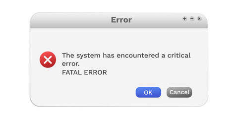 Error sign on computer window. System failure notification. Problem with Computer.
