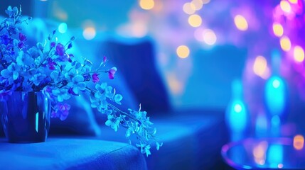 Fototapeta premium Contemporary blue living room featuring a sofa and stylish furniture Blurred bright interior with a sofa and floral accents ideal for background use Wide panoramic view