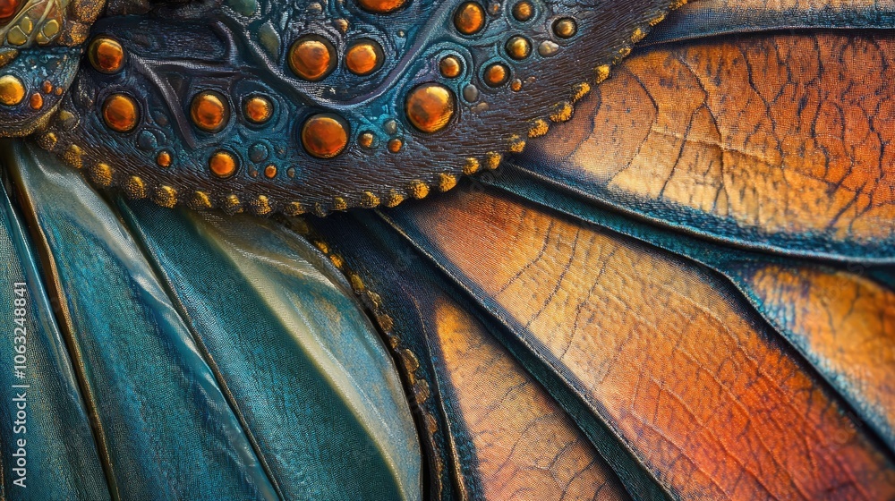Poster close up of a distinctive and complex insect shell featuring vivid colors and intricate details