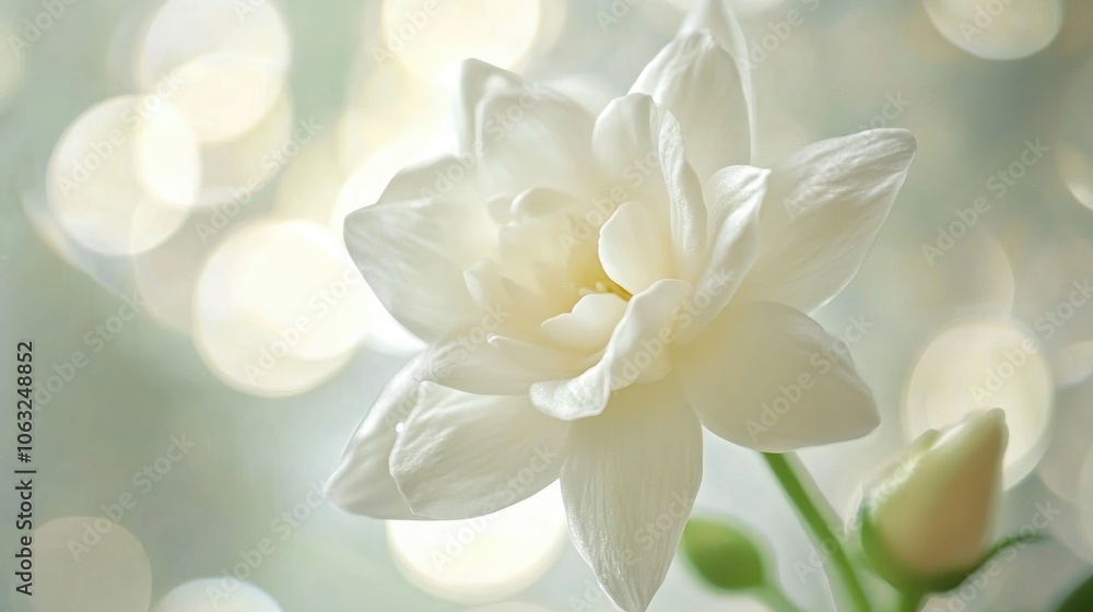 Poster close up of a white flower with a bokeh background capturing the essence of nature and tranquility