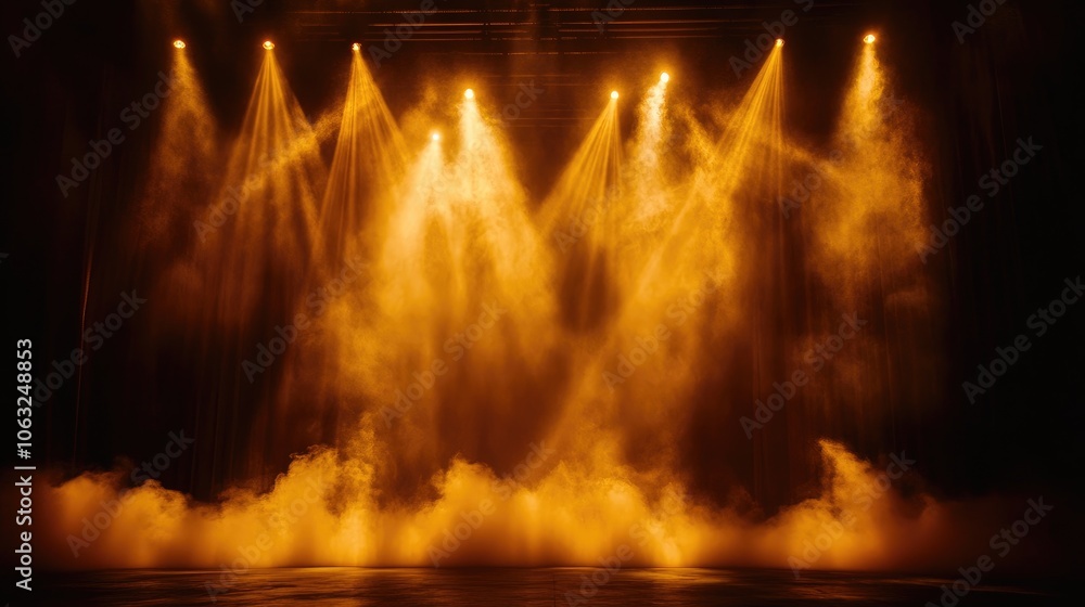 Aufkleber concert stage illuminated by yellow gold spotlights creating a mesmerizing effect on the floor with 