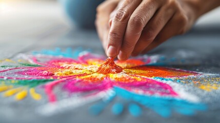 A person is creating a colorful rangoli design using vibrant powders on a dark surface, showcasing artistic skill and cultural tradition.