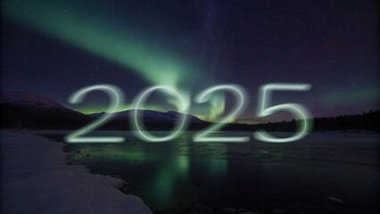 2025 Over Northern Lights and Snowy Mountains at Night
