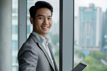 Fototapeta premium Young Asian man standing in a corporate office, showcasing elegance and professionalism.