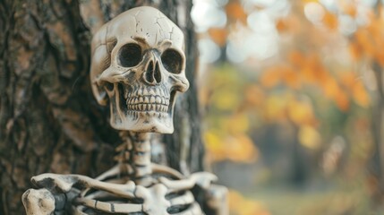 A skeleton leans against a tree with autumn leaves in the background, creating a spooky yet playful scene.