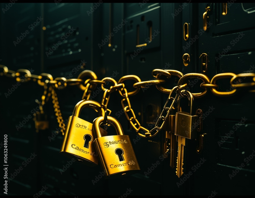 Poster cybersecurity concept with padlocks and chains on server racks