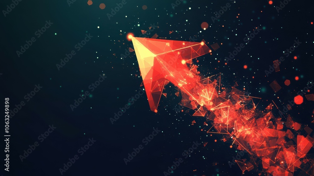 Poster growth arrow up in technology red on a dark background. light arrow as a symbol of rapid growth and 
