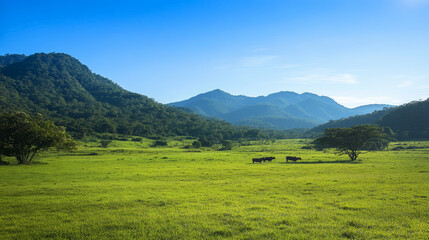 Fototapeta premium A lush, organic beef farm with cattle grazing freely on expansive green fields under a clear blue sky, set in a sustainable environment