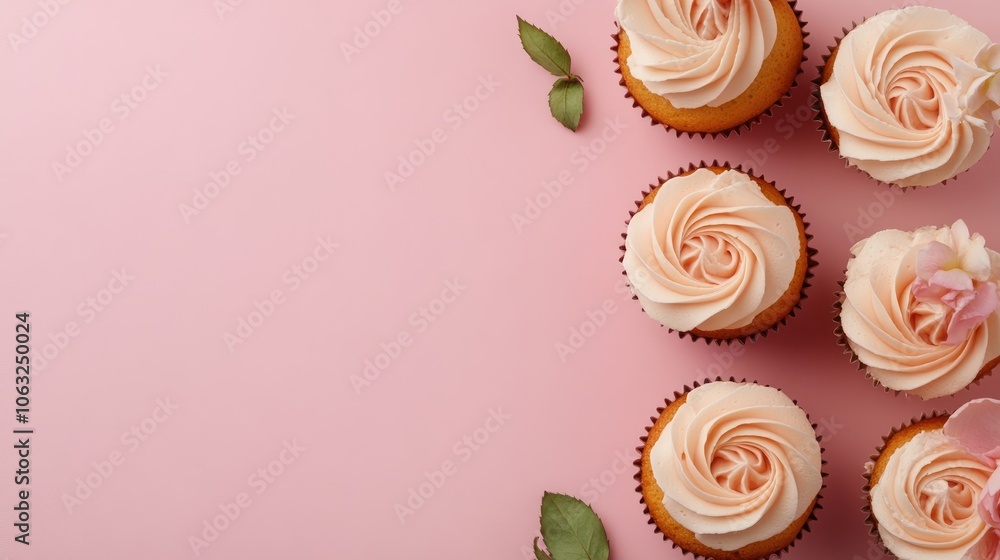 Aufkleber cupcakes topped with vanilla cream and roses on a pink background offering ample space for text vert
