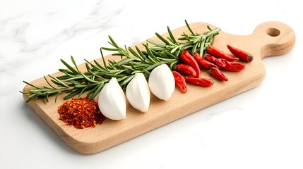Fresh rosemary sprigs garlic cloves and chili powder on a wooden cutting board captured in a top down view  This image showcases the essential ingredients for a savory flavorful culinary creation