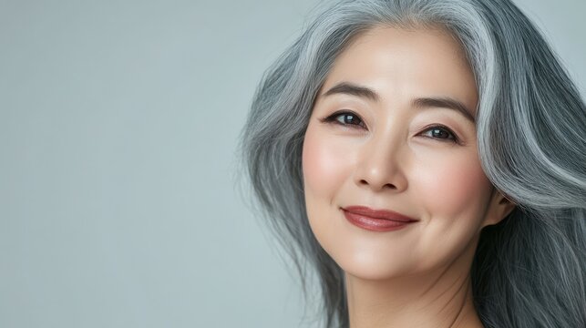 Korean adult woman with smooth healthy face skin. Beautiful aging mature asian woman with gray hair and happy smiling touch face.