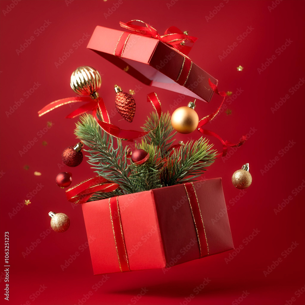 Sticker christmas red kraft paper gift box with red ribbon, with red and gold ornaments, pine branches, and 