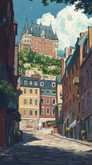 Fototapeta premium old quebec city panorama view canada 2d illustration beautiful scene historical panoramic architecture buildings concept artistic vertical composition colorful Chateau Frontenac
