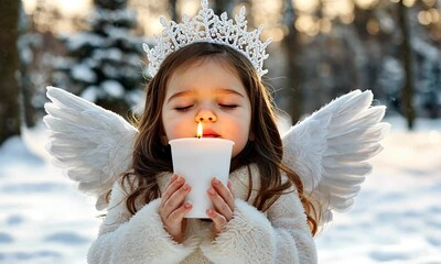 A whimsical winter wonderland with an angelic child holding a glowing candle amidst snow-covered trees