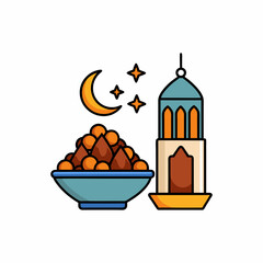 Date bowl Ramadan iftar icon set vector with white background