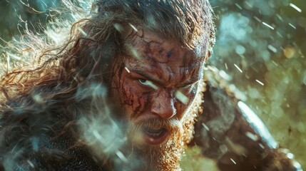 Obraz premium Fearless Viking Warrior Charging into Battle with Flowing Hair and Intense Expression | Ultra-Detailed Historical Battle Scene