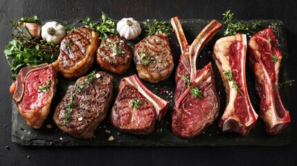 variety of premium beef steaks, including ribeye, tomahawk, and T-bone, artistically displayed on a stone background