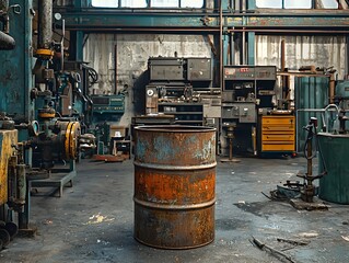 Rustic Oil Barrel in Gritty Industrial Warehouse with Machinery and Tools