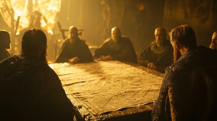 Intense Viking War Council in Session: Strategic Planning Among Warriors with Maps and Battle Plans - Ultra-Detailed Historical Reenactment