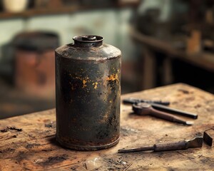 Vintage Oil Can and Grease Stained Tools on Wooden Workbench Symbolizing Traditional Mechanics