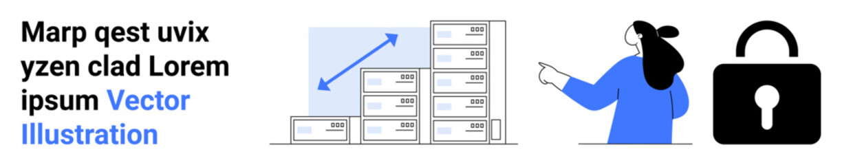 Woman pointing to file cabinets with an upward arrow and a nearby padlock. Ideal for data security, privacy, file management, business growth, organization, cybersecurity, and technology themes