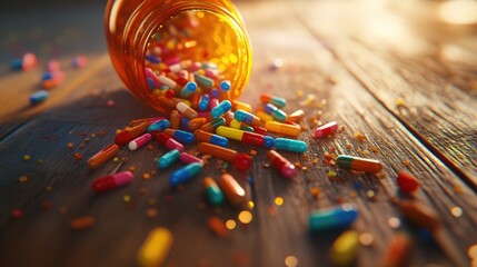 Fototapeta premium Colorful capsules spill from a medicine bottle onto a wooden surface representing themes of health and wellness