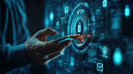 Man Engaging Mobile Security Icon, Cybersecurity Concept, Ensuring User Privacy with Encryption, Secure Internet Access, Future Technology and Cybernetics